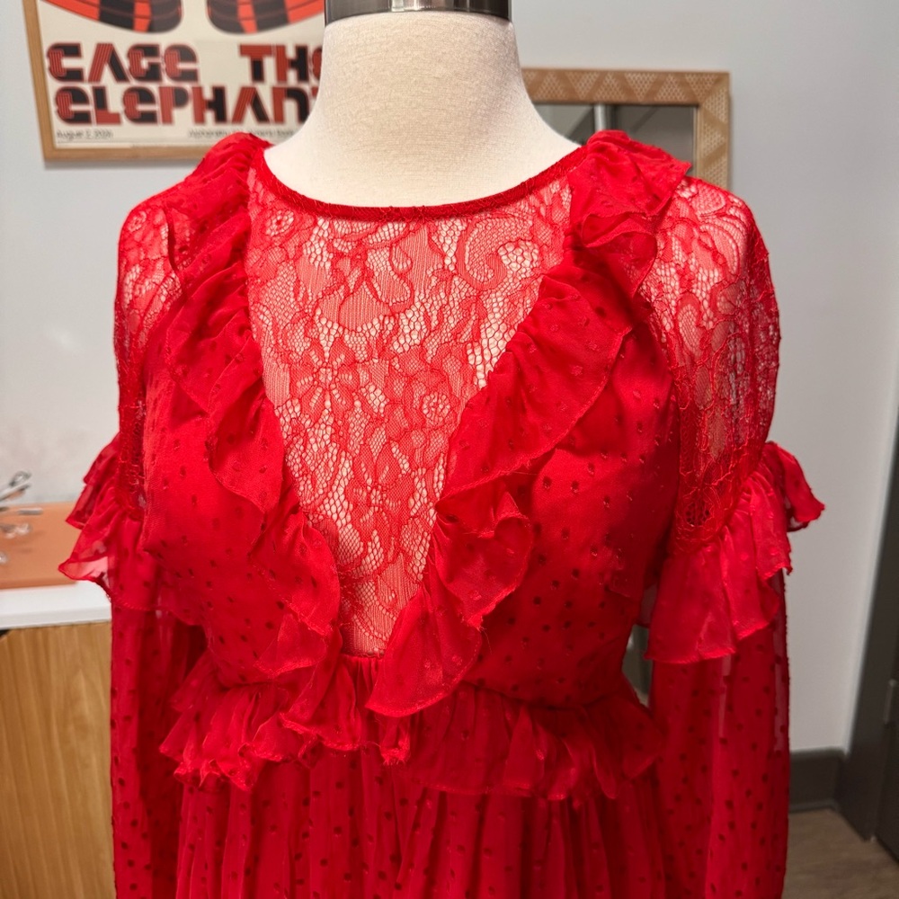 Free People Red Ruffle Swiss Dot Long-Sleeve Mini Dress XS - Picture 5 of 9